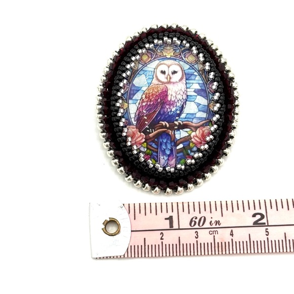 Hand Crafted Colorful Owl Beaded Brooch with Garnet Crystals - Picture 6 of 6